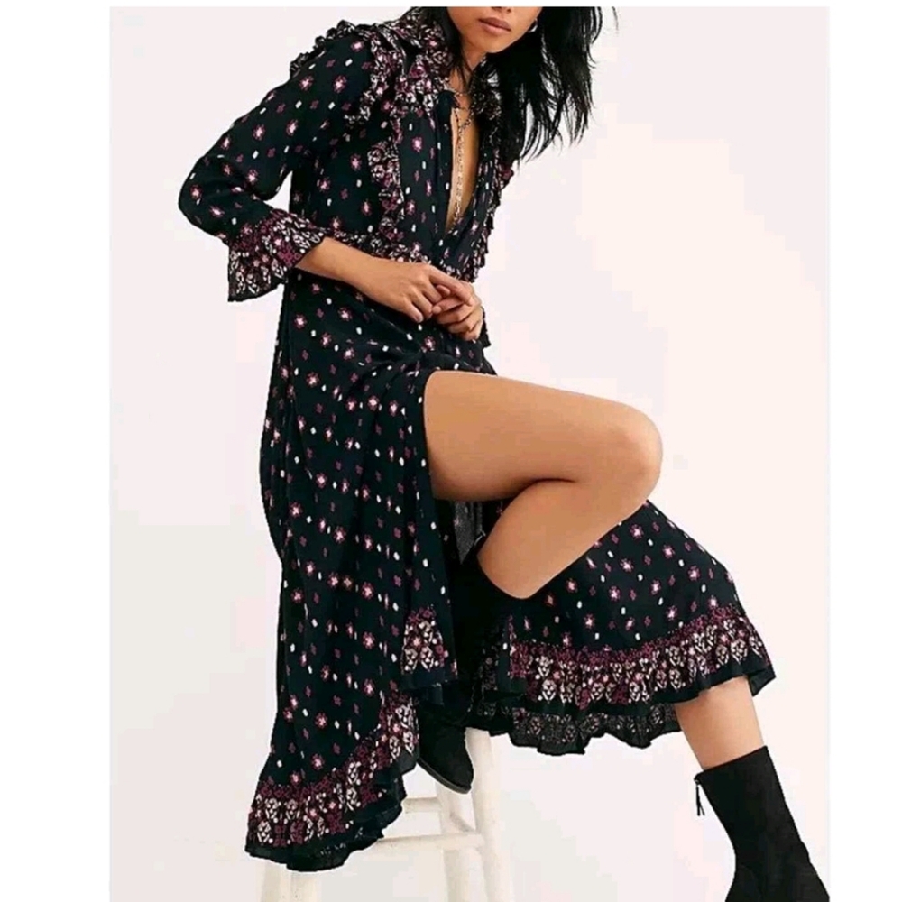 Free People Calico Skies Black Long Sleeve Dress